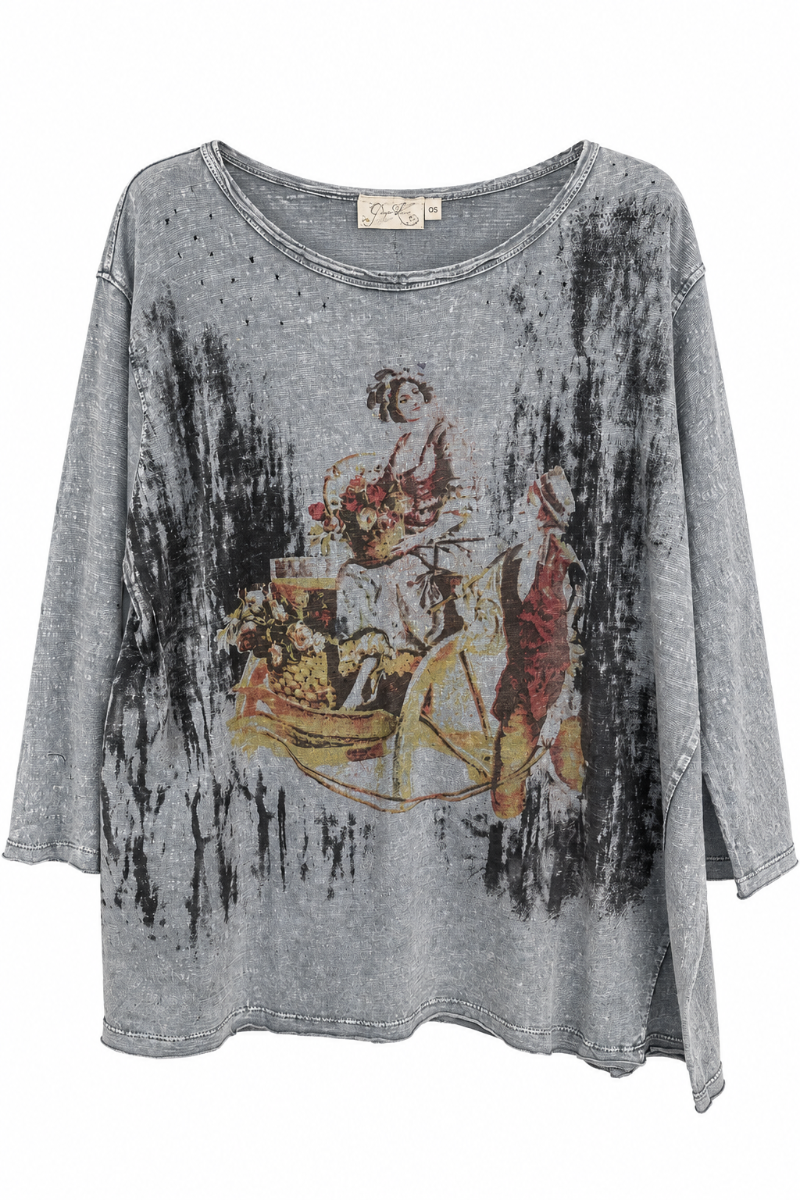 Trestles Clothing Company Victorian print long sleeve tee in grey vintage wash cotton with a scoop neckline.